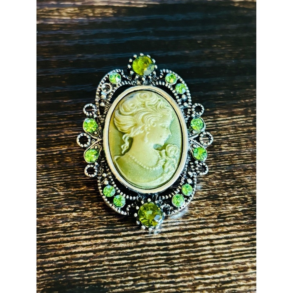 Small Green Cameo Brooch Pin with Sparkling Peridot Accents
